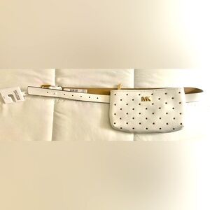 New MICHAEL KORS White Grommet Gold Logo Size S/M Belt Bag Fanny Adjustable $128